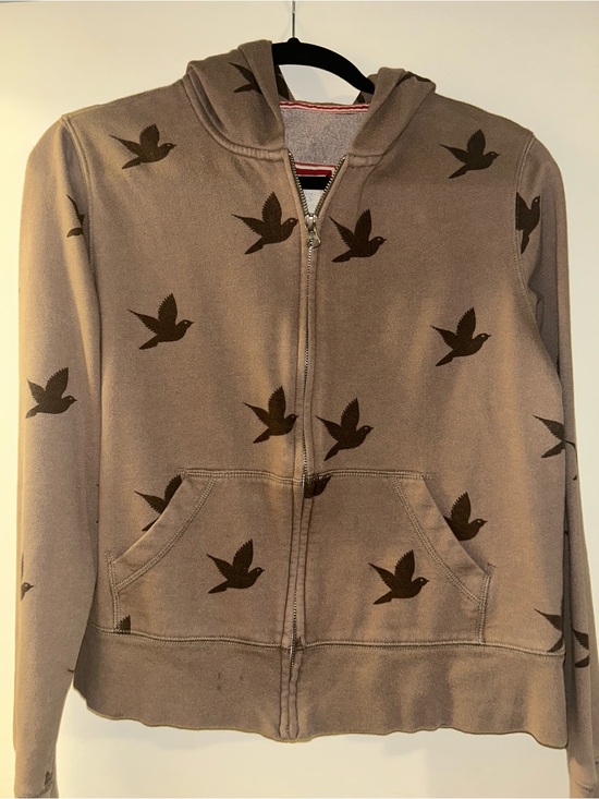 aerie Sweaters - aerie Taupe Zip-Up Hoodie with Dark Brown Bird Print